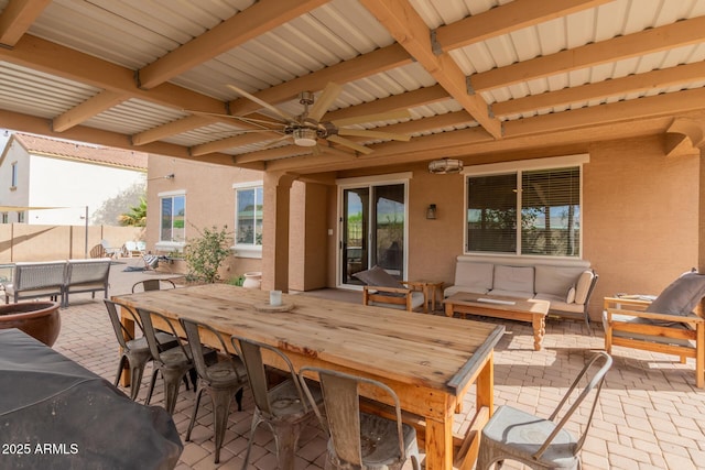 120 E Concorda Dr, Tempe, AZ 85282 - view of patio featuring an outdoor living space, outdoor dining space, ceiling fan, and fence