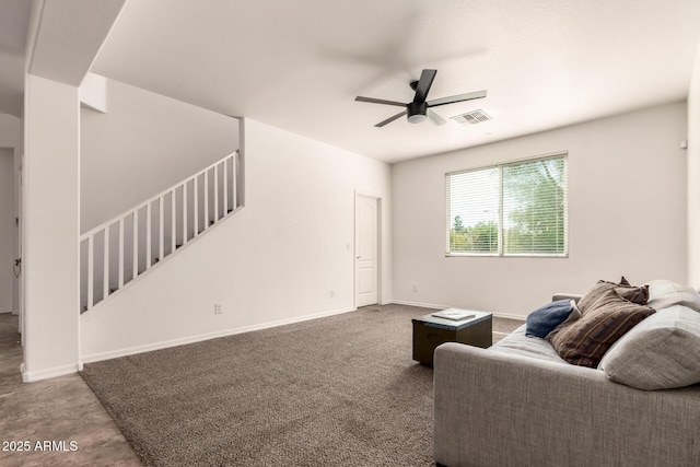 120 E Concorda Dr, Tempe, AZ 85282 - living room featuring visible vents, ceiling fan, baseboards, and stairs