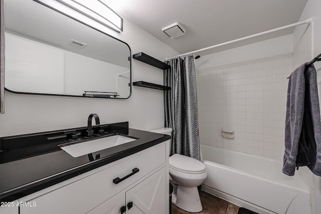 full bathroom featuring toilet, vanity, shower / bathtub combination with curtain, and tile patterned flooring