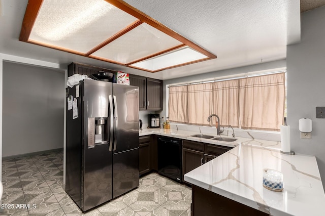 5432 W Sunnyside Dr, Glendale, AZ 85304 - kitchen featuring stainless steel refrigerator with ice dispenser, dishwasher, light stone countertops, and dark brown cabinetry