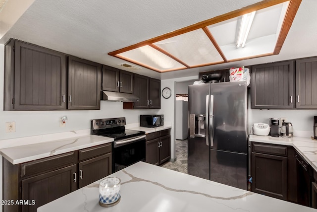 5432 W Sunnyside Dr, Glendale, AZ 85304 - kitchen featuring appliances with stainless steel finishes, under cabinet range hood, light stone countertops, and dark brown cabinets