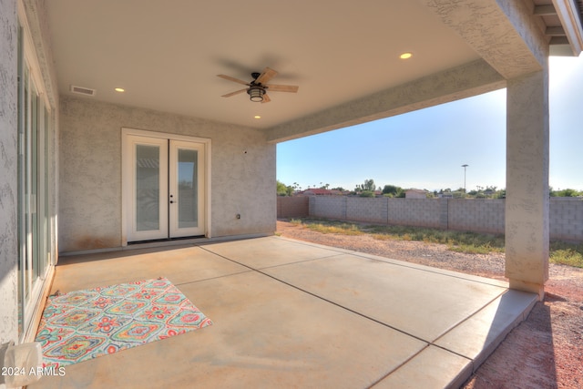 view of patio / terrace with ceiling fan and french doors