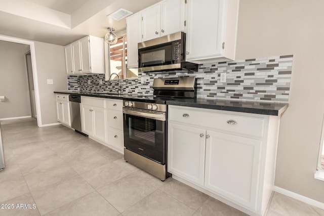 kitchen featuring appliances with stainless steel finishes, a sink, decorative backsplash, dark countertops, and white cabinets