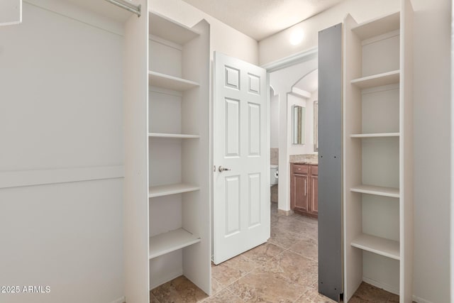 spacious closet featuring arched walkways