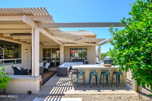 view of patio with exterior kitchen, a pergola, an outdoor living space, an outdoor bar, and ceiling fan