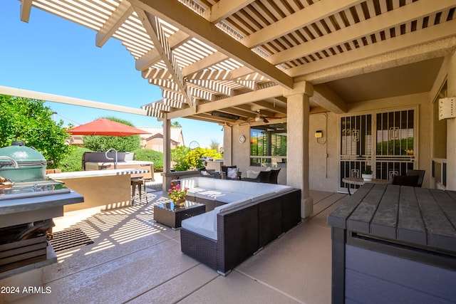 view of patio with an outdoor hangout area and a pergola