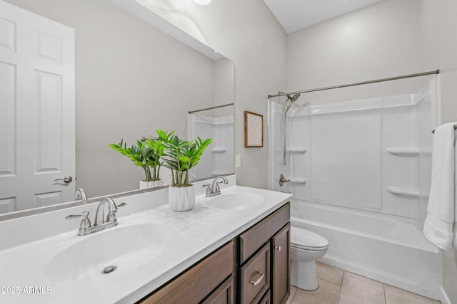 full bathroom with a sink, tile patterned floors, double vanity, and shower / bath combination