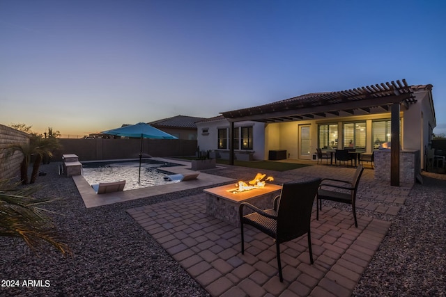 view of patio featuring central AC unit, a fire pit, a pergola, a fenced backyard, and a fenced in pool