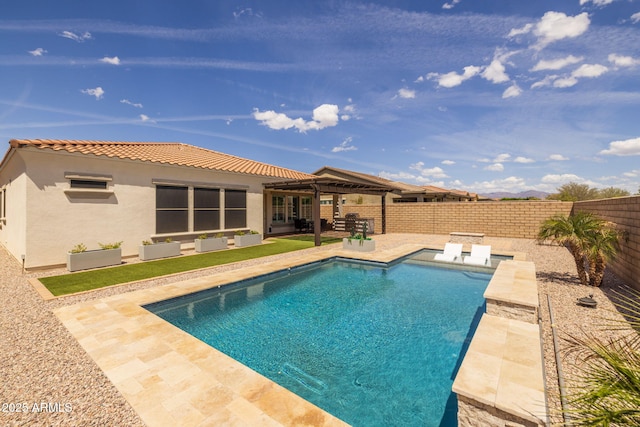 view of pool featuring an outdoor living space, a fenced in pool, a patio area, and a fenced backyard