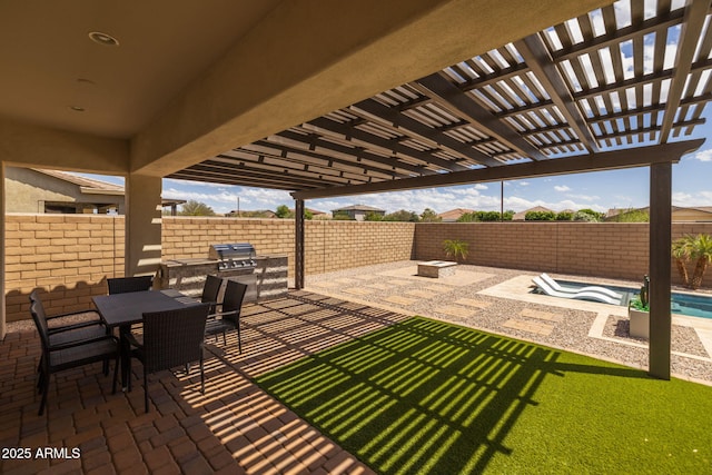 view of patio with a pergola, a fenced backyard, grilling area, outdoor dining space, and a fenced in pool