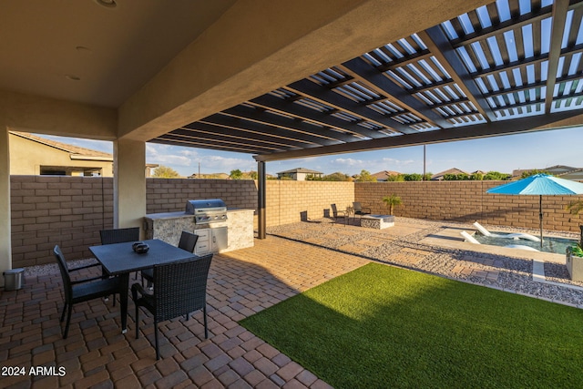 view of patio with a jacuzzi, a grill, and a pergola