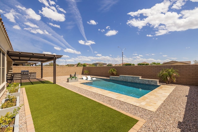 view of swimming pool featuring a yard, a fenced backyard, a fenced in pool, and a patio
