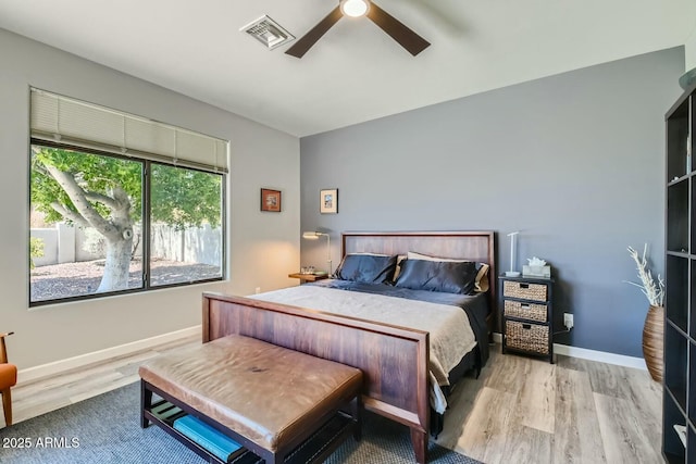 bedroom featuring ceiling fan and light hardwood / wood-style floors