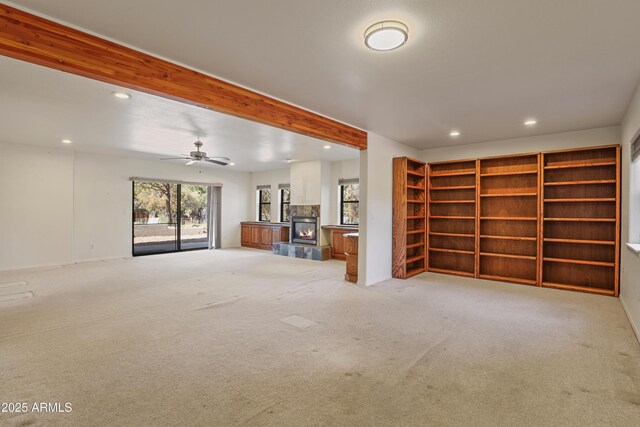 502 W Locust Rd, Payson, AZ 85541 - unfurnished living room with recessed lighting, carpet flooring, beamed ceiling, baseboards, and ceiling fan