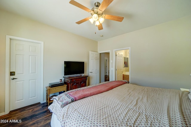 bedroom featuring ceiling fan and dark hardwood / wood-style flooring