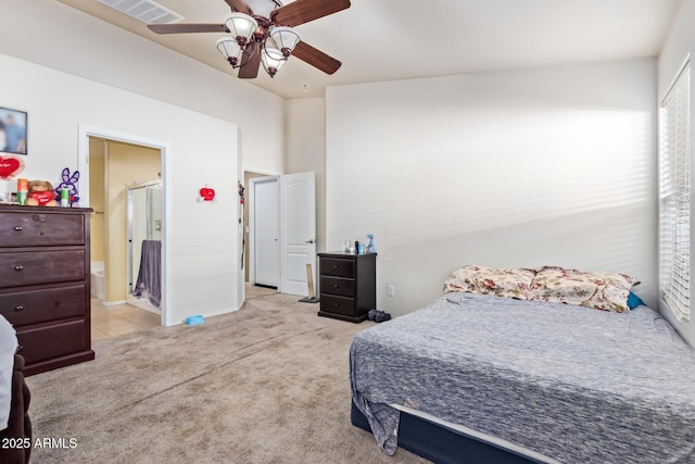 1619 E Aspen Ave, Buckeye, AZ 85326 - bedroom with carpet flooring, connected bathroom, and ceiling fan