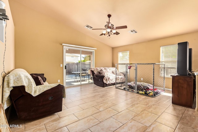 1619 E Aspen Ave, Buckeye, AZ 85326 - living room featuring a ceiling fan, lofted ceiling, and light tile patterned floors