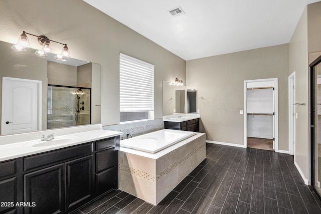 bathroom featuring vanity and separate shower and tub