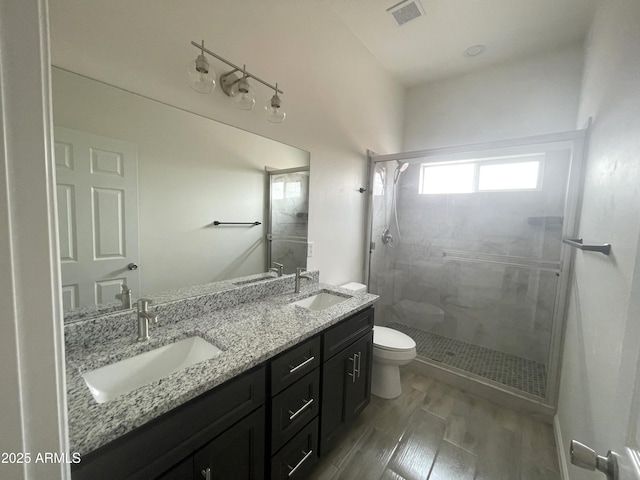 1825 Via Nueva Zelandia, Rio Rico, AZ 85648 - bathroom with toilet, a stall shower, wood finished floors, and double vanity