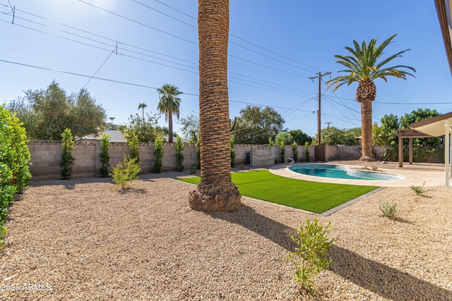 view of yard featuring a fenced in pool and a patio area