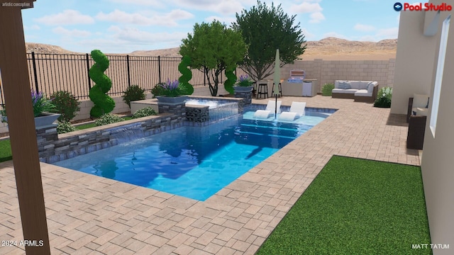 view of pool featuring a mountain view, an outdoor hangout area, an in ground hot tub, and a patio area