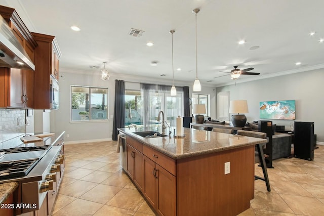 kitchen featuring a sink, exhaust hood, ornamental molding, backsplash, and brown cabinets