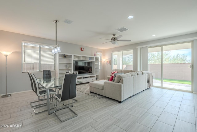 living room with ceiling fan