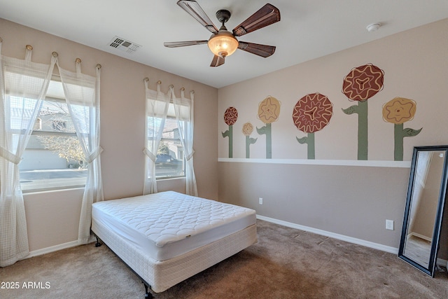 bedroom featuring ceiling fan and carpet floors