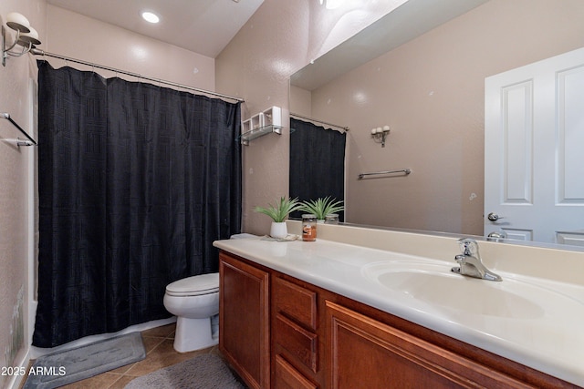 bathroom with tile patterned flooring, vanity, curtained shower, and toilet