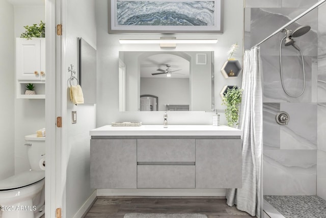 full bathroom with vanity, ceiling fan, toilet, and a shower with shower curtain