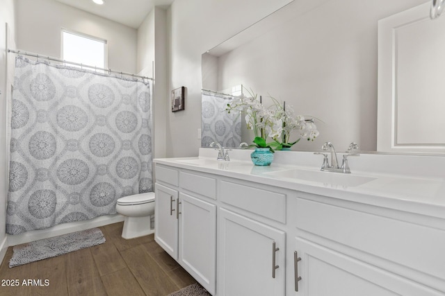 bathroom with double vanity, wood finished floors, a sink, and toilet