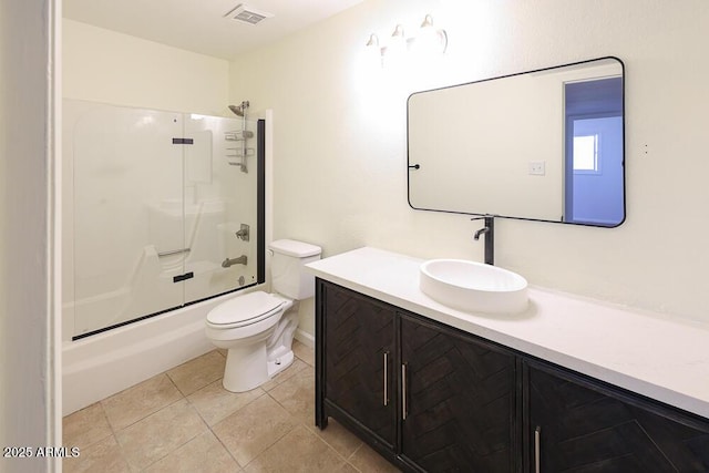 full bath with vanity, visible vents, enclosed tub / shower combo, tile patterned flooring, and toilet