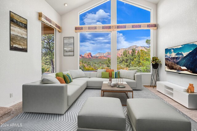 living room featuring lofted ceiling