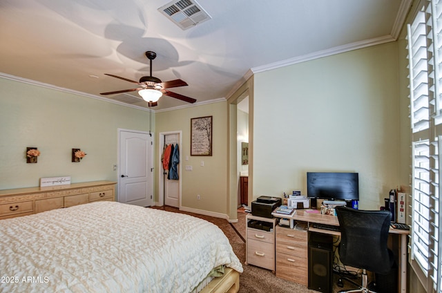 bedroom featuring baseboards, visible vents, ceiling fan, crown molding, and carpet floors