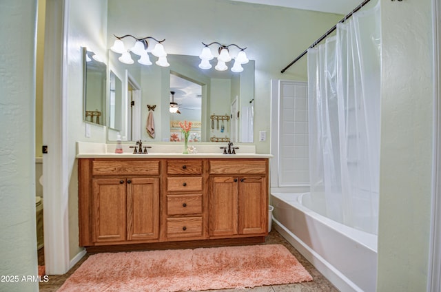 full bath with shower / tub combo with curtain, double vanity, toilet, a sink, and tile patterned flooring