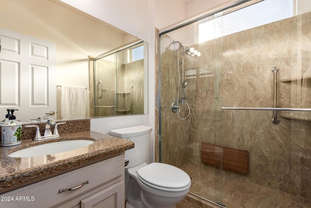 bathroom with vanity, toilet, and a shower with shower door