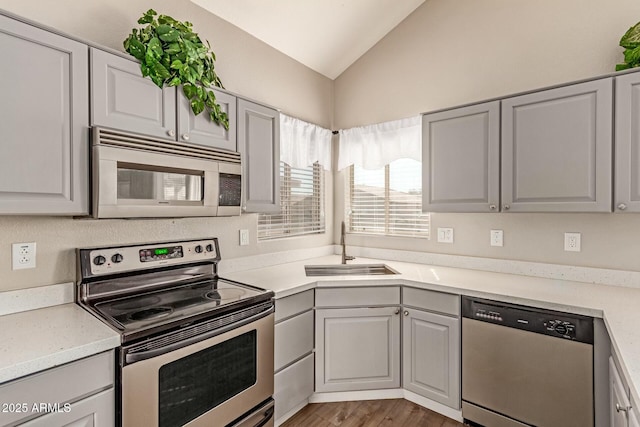 kitchen featuring lofted ceiling, stainless steel appliances, a sink, light countertops, and gray cabinets