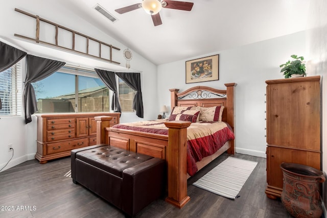 bedroom featuring dark wood-style floors, baseboards, visible vents, and vaulted ceiling