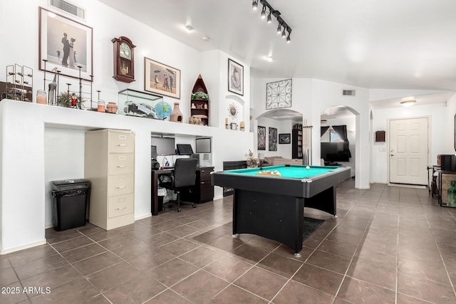 recreation room with arched walkways, dark tile patterned flooring, billiards, and visible vents