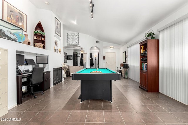 playroom featuring arched walkways, lofted ceiling, tile patterned flooring, pool table, and visible vents