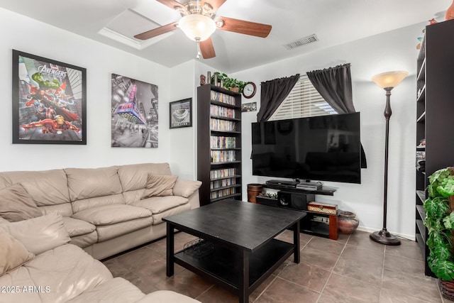 living area featuring ceiling fan, visible vents, and tile patterned floors