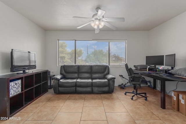 office area featuring ceiling fan and light tile patterned flooring