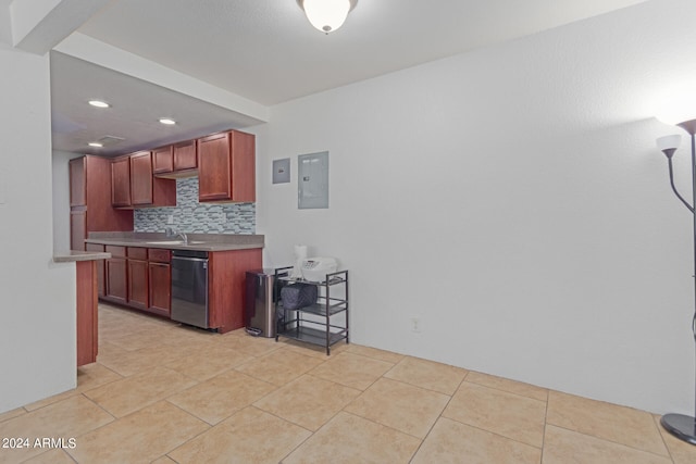 kitchen featuring electric panel, light tile patterned floors, sink, stainless steel dishwasher, and backsplash