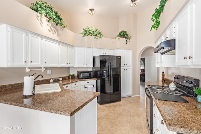 kitchen featuring white cabinetry, sink, kitchen peninsula, and black appliances