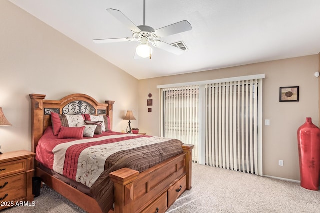 carpeted bedroom featuring access to outside, ceiling fan, and vaulted ceiling