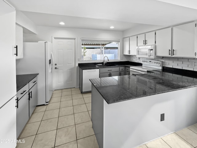 kitchen with sink, white cabinetry, kitchen peninsula, white appliances, and decorative backsplash