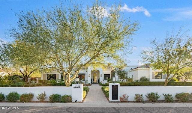 view of front of house featuring a fenced front yard, a gate, and stucco siding