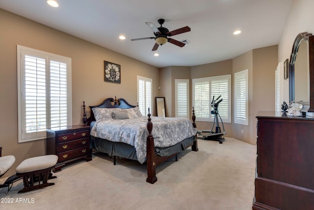 carpeted bedroom featuring ceiling fan