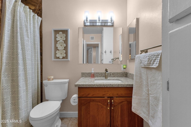 bathroom featuring a shower with curtain, visible vents, tile patterned flooring, vanity, and toilet