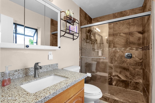 bathroom featuring vanity, a shower stall, and toilet